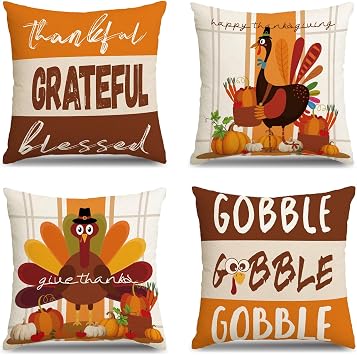 MEHOFOND Thanksgiving Pillow Covers 18x18 Set of 4, Fall Throw Pillow Covers Turkey Pumpkin Orange Farmhouse Home Decor Pillowcase Give Thanks Cushion Case for Sofa Couch