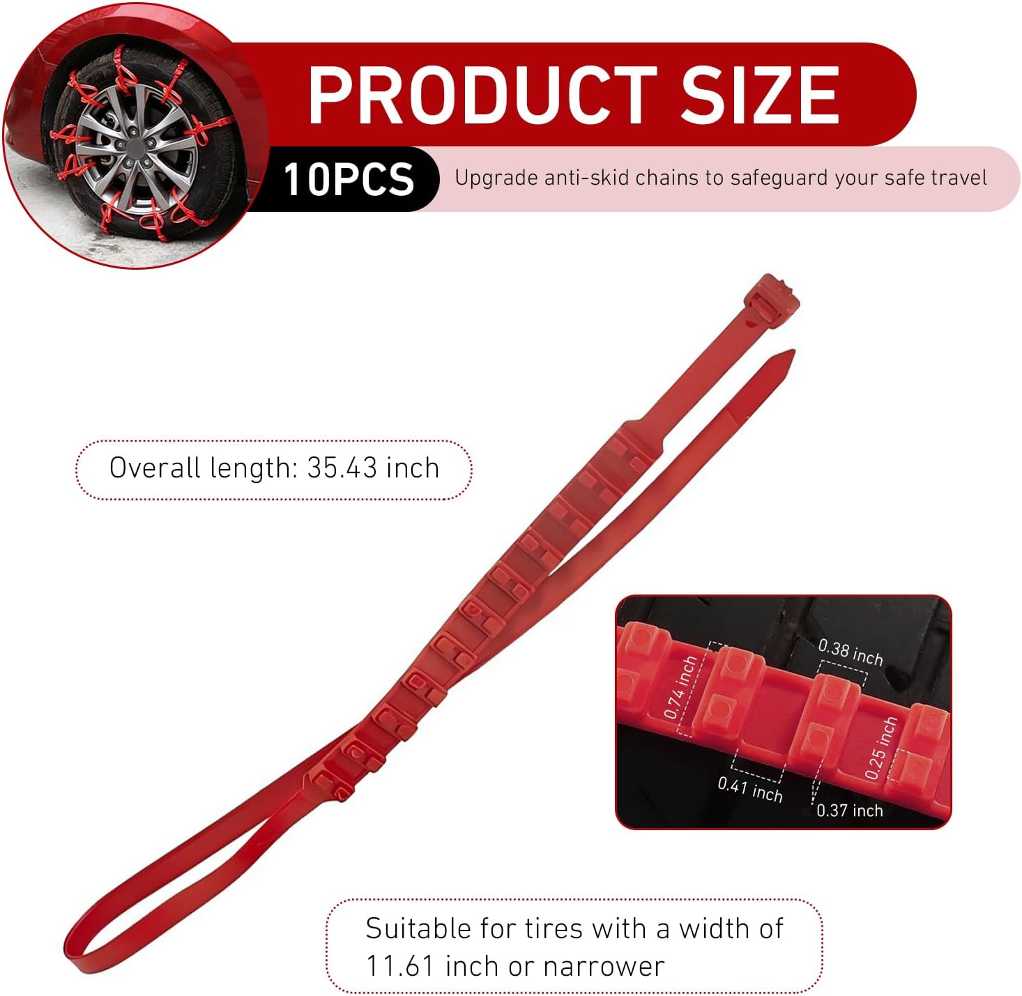 10 PCS Adjustable Car Tire Snow Chains Non-slip Emergency Straps Universal Fit (Red)