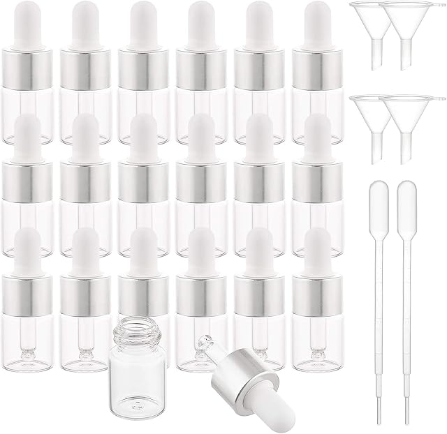 BENECREAT 30 Pack 5ml Clear Glass Dropper Bottle Eye Essential Oil Bottles with Silver Caps, 4PCS Funnel Hopper and 2PCS Pipettes for Essential Oil Perfumes