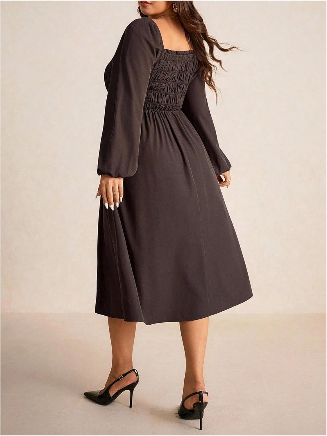 Women's Plus Size Shirred Dress Casual Ruched Square Neck Long Sleeve A Line Flowy Wedding Guest Party Midi Dresses - Image 2