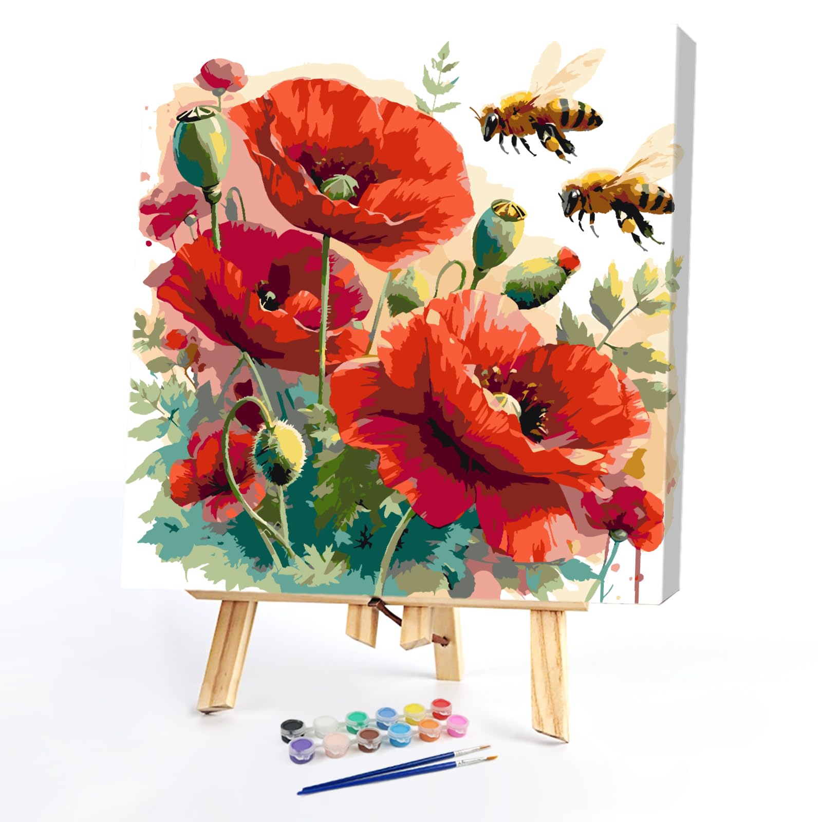 POETRYDRAW Poppies and Bees DIY Paint By Numbers Kit on Canvas 35x35cm with Frame Oil Painting Kit by Numbers for Beginners Adults Gift Home Wall Decor (Poppies and Bees)