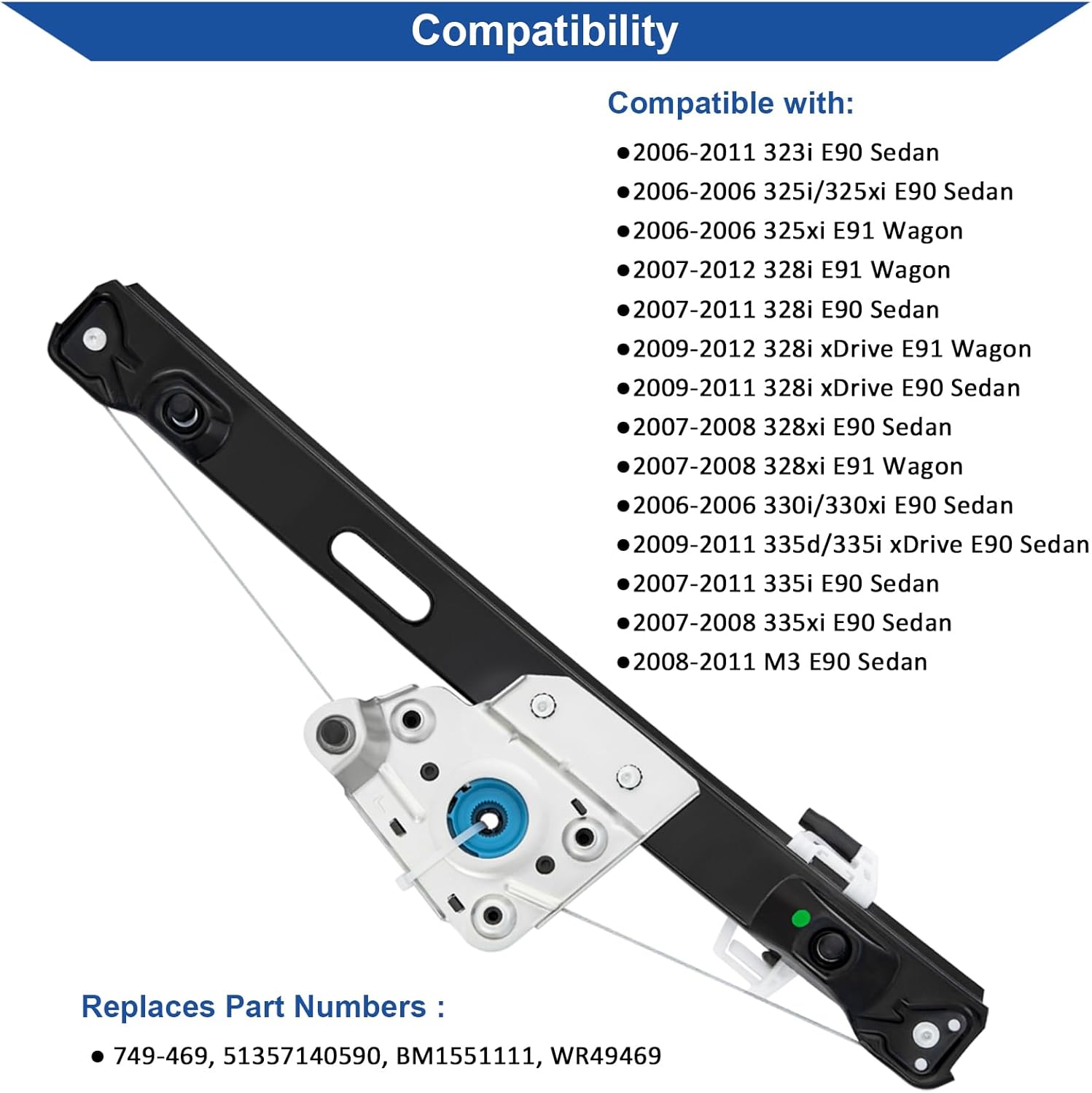 Obaee 749-469 Power Window Regulator without Motor Replacement for 2006-2012 BMW E90 E91 323i 325i 328i 330i 335i M3/ Black/Rear Right Passenger Side/Replace OE 51357140590