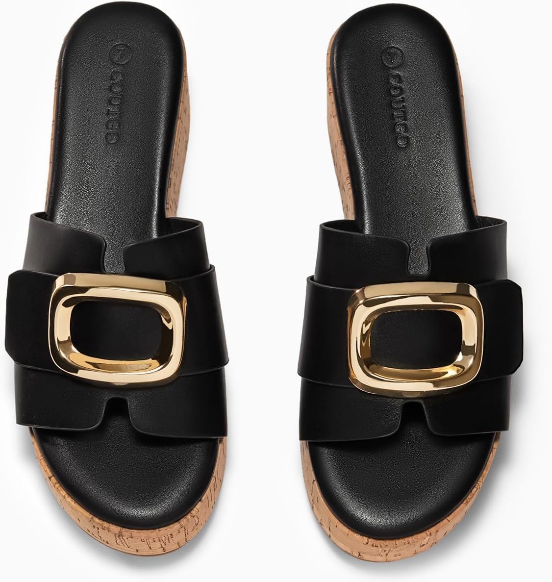 Coutgo Womens Platform Sandals Cork Beach Slip on Wedges Metal Buckle Slides Open Toe Summer Shoes, Black, Size 7 - Image 4