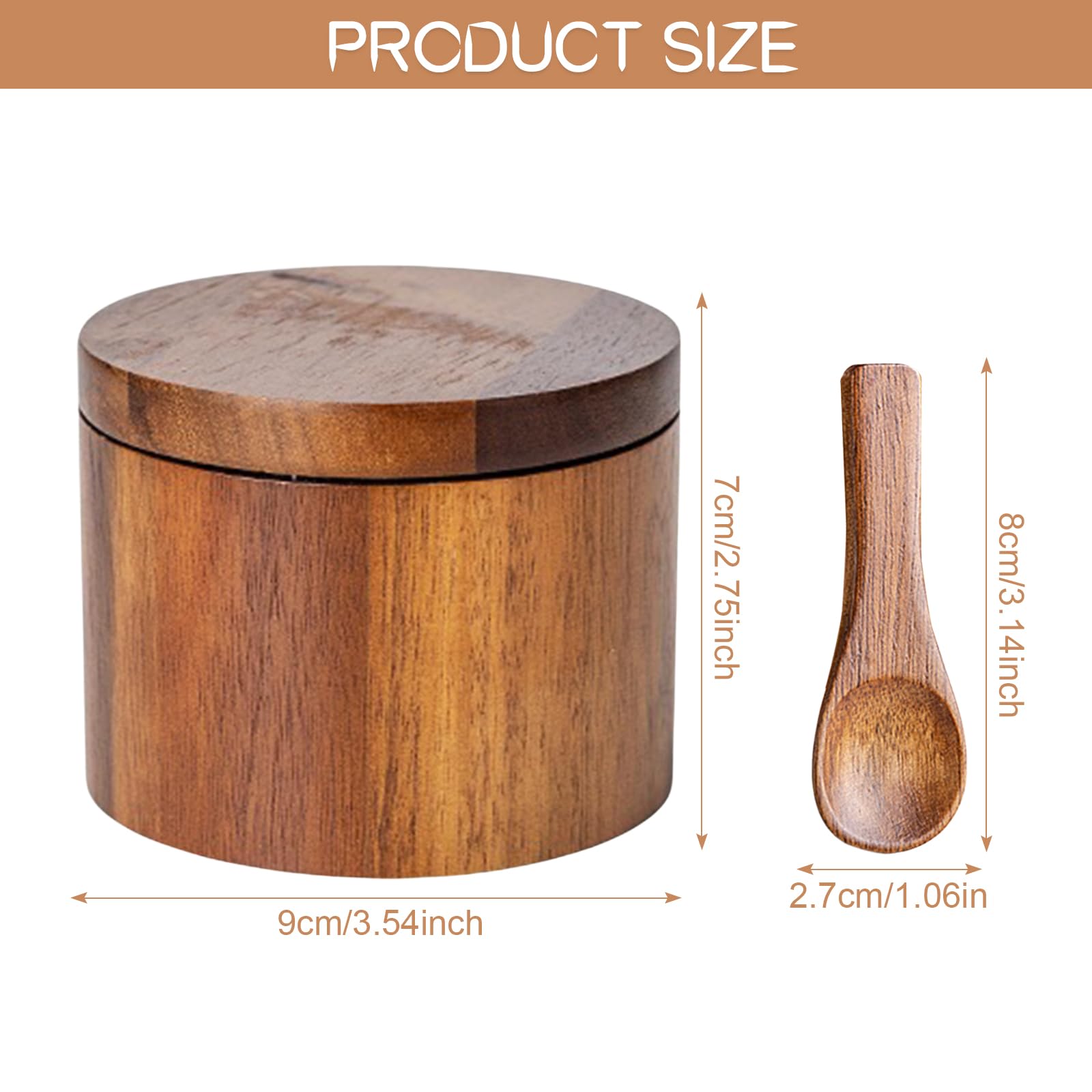 Scatola di Legno per Sale, Barattoli per Condimento in Legno, Scatola Rotonda per Spezie, Porta Sale Legnos, Contenitore per il Sales di Legnos, con Coperchio e Cucchiaio, per Sales, Spezie