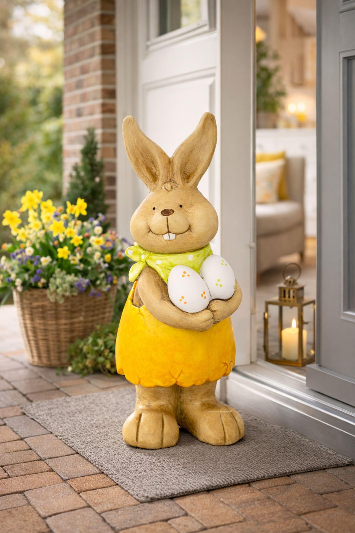 Osterhase Mädchen Figur 46 cm – Deko Hase aus Magnesia – Osterdekoration stehend – Hasenfigur Frühling Ostern Innen & Außen – gelbes Kleid mit Ostereiern