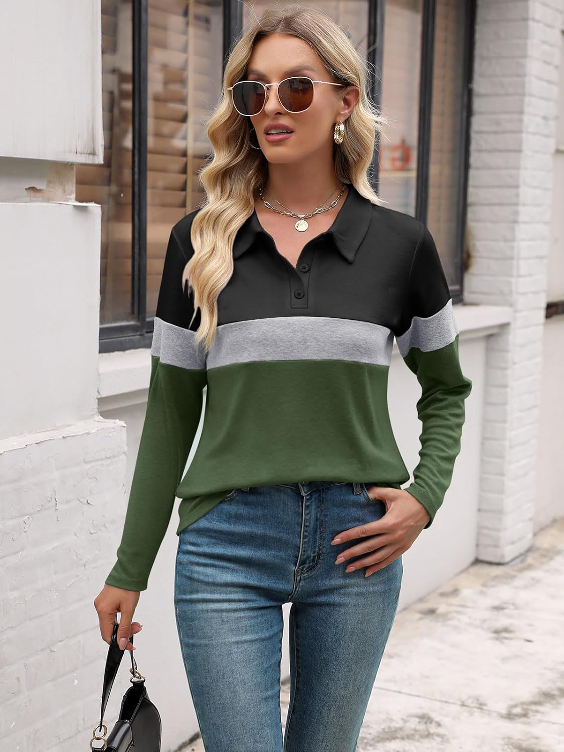 PGANDS Womens Collared Polo Shirts Long Sleeve V Neck Button Down Casual Athletic Tops Golf Sport Tee - Image 5