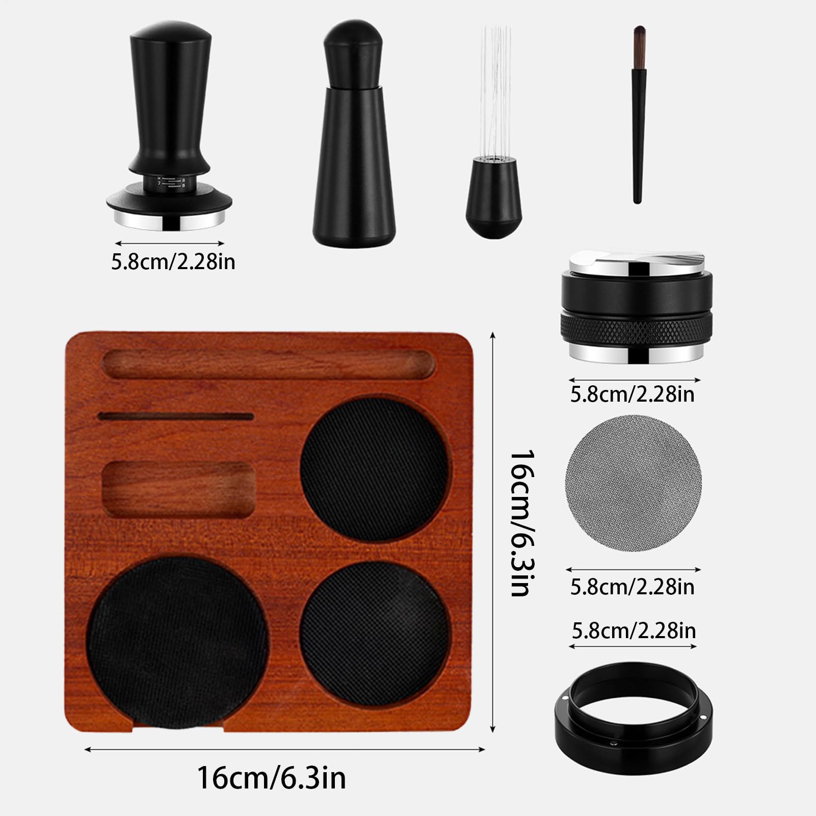 Kit Apisonador para Café - 7 Piezas de Utensilios Ergonómicos Antideslizantes,Embudo Dosificador, Apisonador y Nivelador - para Hogar Cocina Estudio Bar Mostrador Tienda