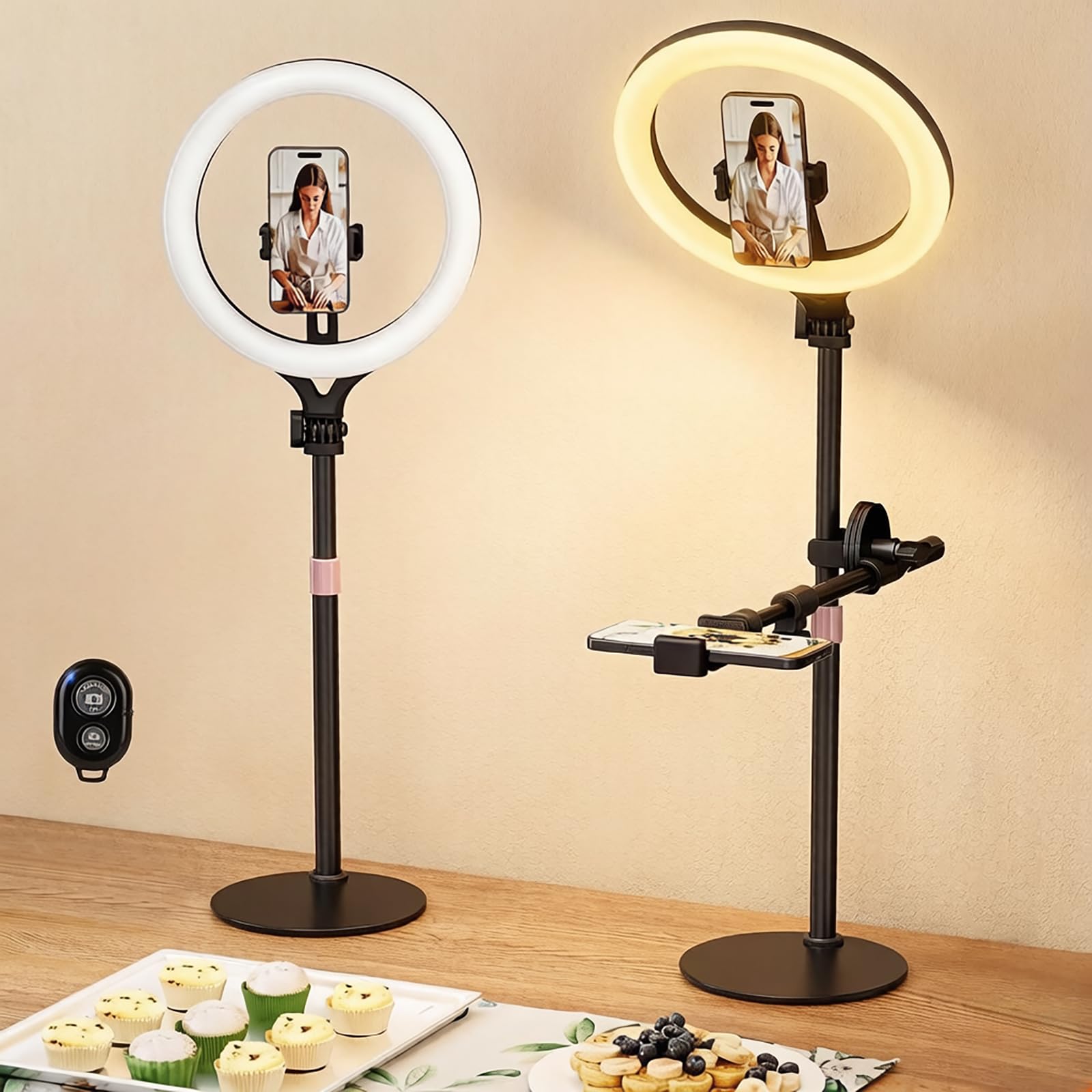 Anillo de luz de escritorio de 11 pulgadas, anillo de luz inalámbrico Bluetooth con soporte y soporte para teléfono, soporte de teléfono para grabación de video, trípode para cocinar videos, lámpara