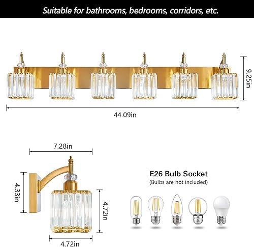 Miniatura 4 de Luces de tocador de cristal 6 luces doradas modernas para tocador de baño sobre espejo