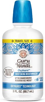 GuruNanda Whitening Mouthwash Up to 3 Shades Whiter Teeth in 2 Weeks Alcohol & Fluoride Free Travel Mouthwash with Hydrogen Peroxide Oxyburst Technology, TSA Friendly, Wild Mint, 3 oz