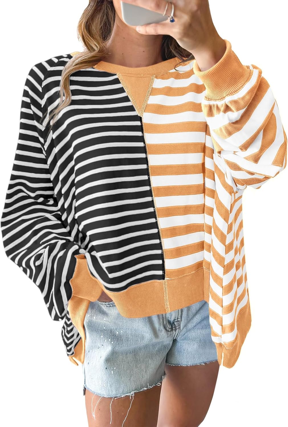 Tankaneo Womens Oversized Sweatshirt Striped Color Block Crew Neck Tops Casual Long Sleeve Tunic Shirts