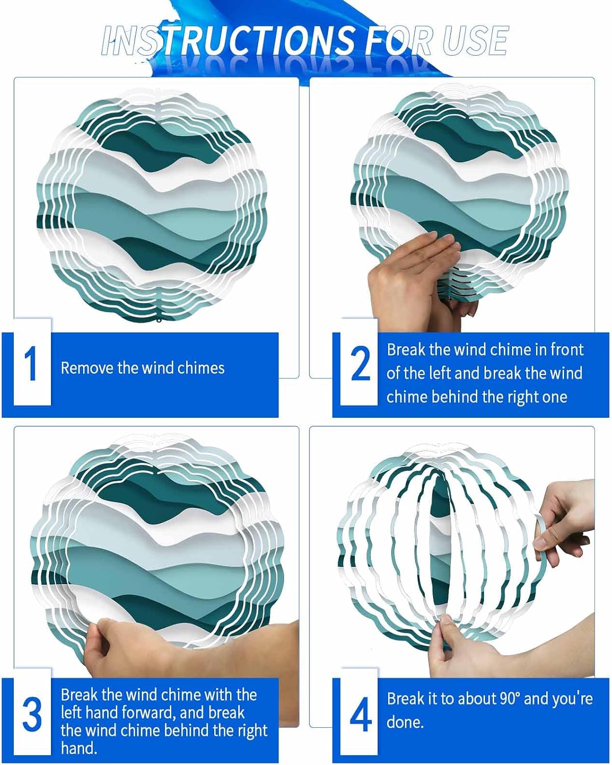 Abstract Wind Spinners, Modern Geometric Ombre Turquoise Ocean Wave Stripe Hanging Wind Spinners for Yard and Garden 3D Stainless Steel Metal Sculptures Crafts Ornaments 12 Inch