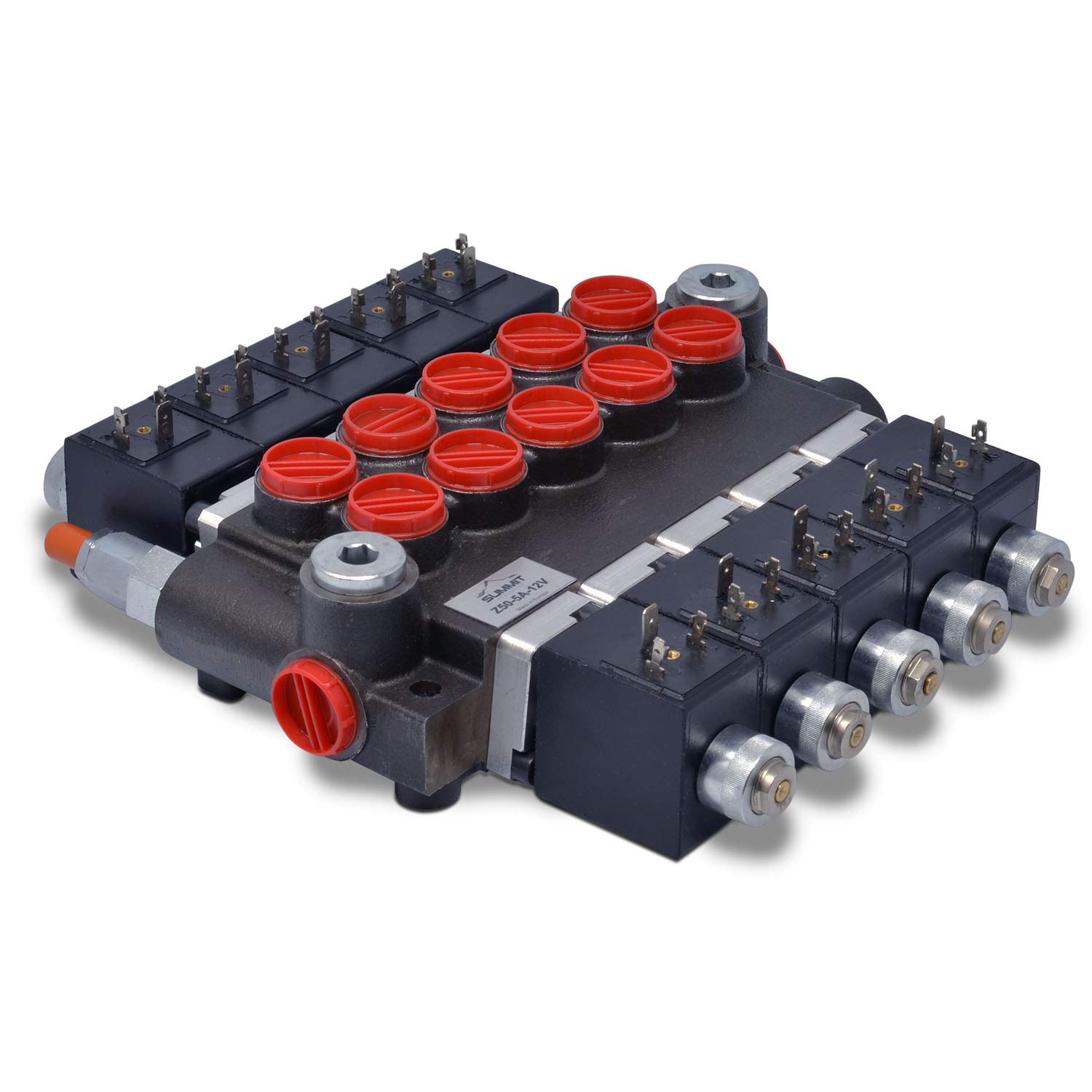 Summit Hydraulics Hydraulic Monoblock Solenoid Directional Control Valve, 5 Spool, 13 GPM, 12V DC, Cast Iron Body, Chrome Finish