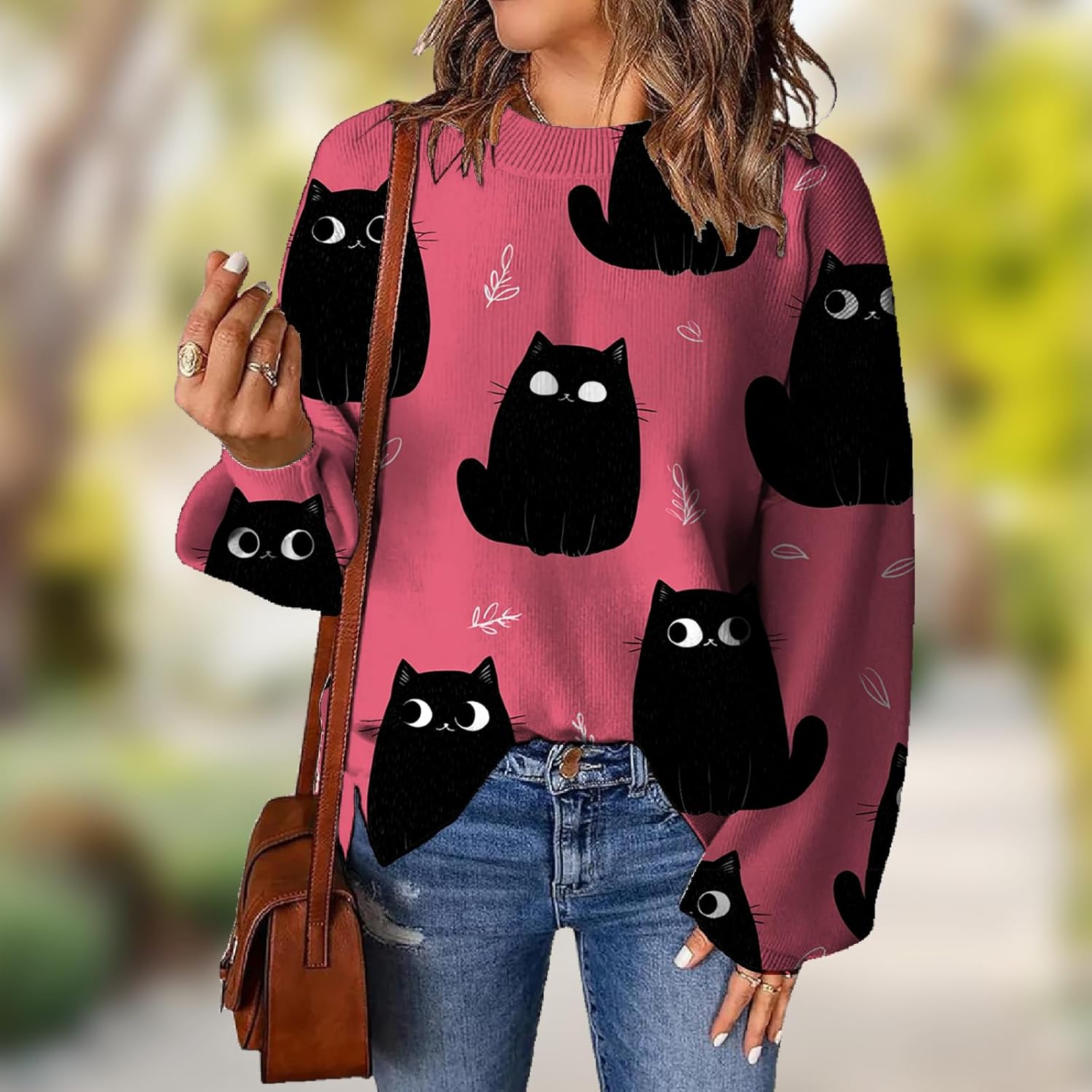 Cute Graphic Sweater for Women Soft Knitted Long Sleeve Casual Fall Tops Crewneck Oversized All Over Print Pullover