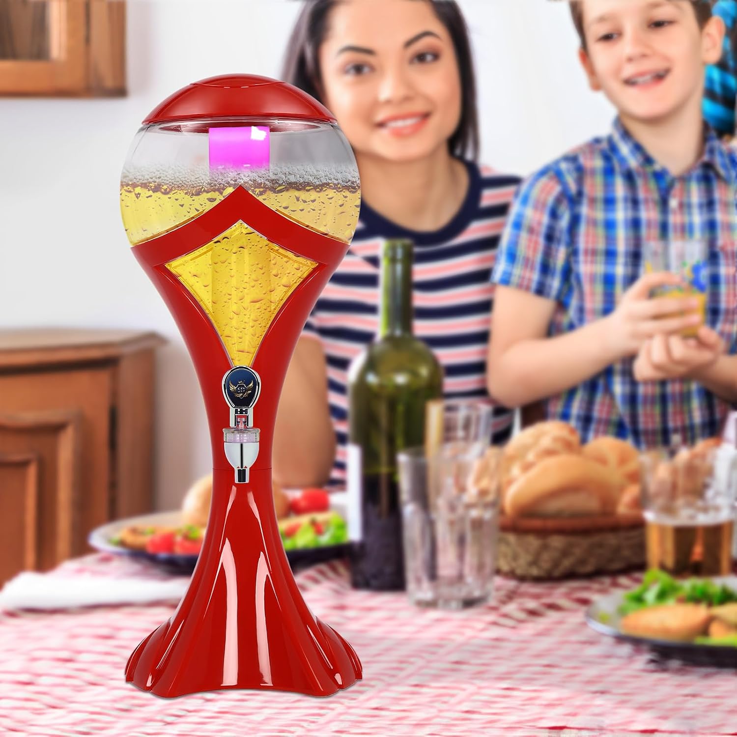 3L Wine Dispenser - Iced Drink Beverage Tower Dispense - Beer Dispenser - Beverage Dispenser with Colorful LED Lights & Removable Ice Tube - Tower Dispenser for Parties Home Bar Use (Red)