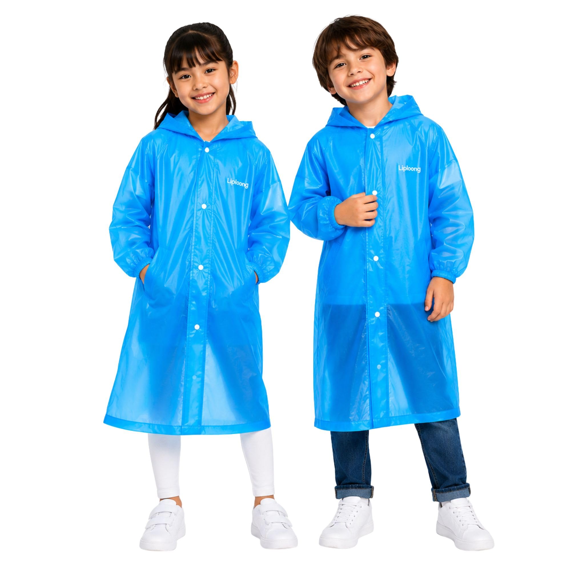 waterproof pvc kids raincoat with hood | knee length reusable rain wear | transparent pocket raincoat for boys & girls | lightweight travel, trekking & outdoor use (pack of 1)