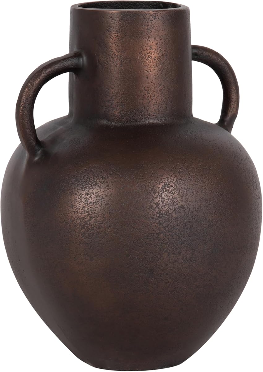 Kate and Laurel Lusila Vintage Metal Loop Handle Vase, 8 x 8 x 11, Bronze, Decorative Classic Cast Aluminum Tabletop Vase with Handles for Use as Dining Table Centerpiece