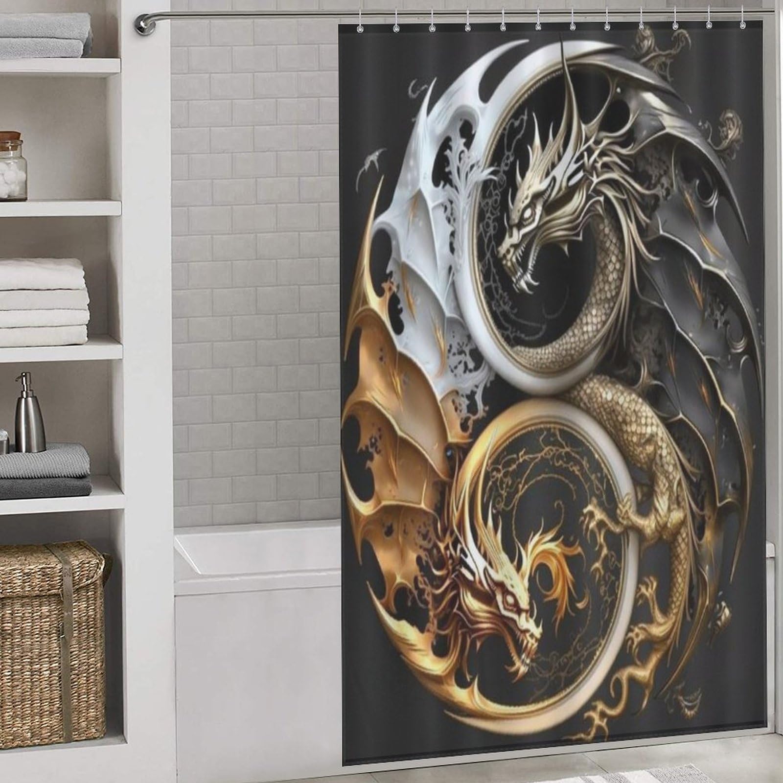 Rideau de douche anti éclaboussures dragon en polyester lavable pour cabine et baignoire
