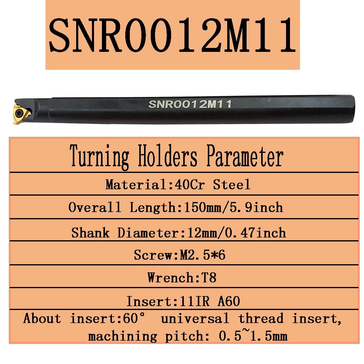 SNR0012M11 + SNL0012M11 Barre d'alésage de filetage intérieur/extérieur avec 5 inserts de tournage en carbure 11IR A60 + 5 inserts de filetage 11ER A60 en carbure.