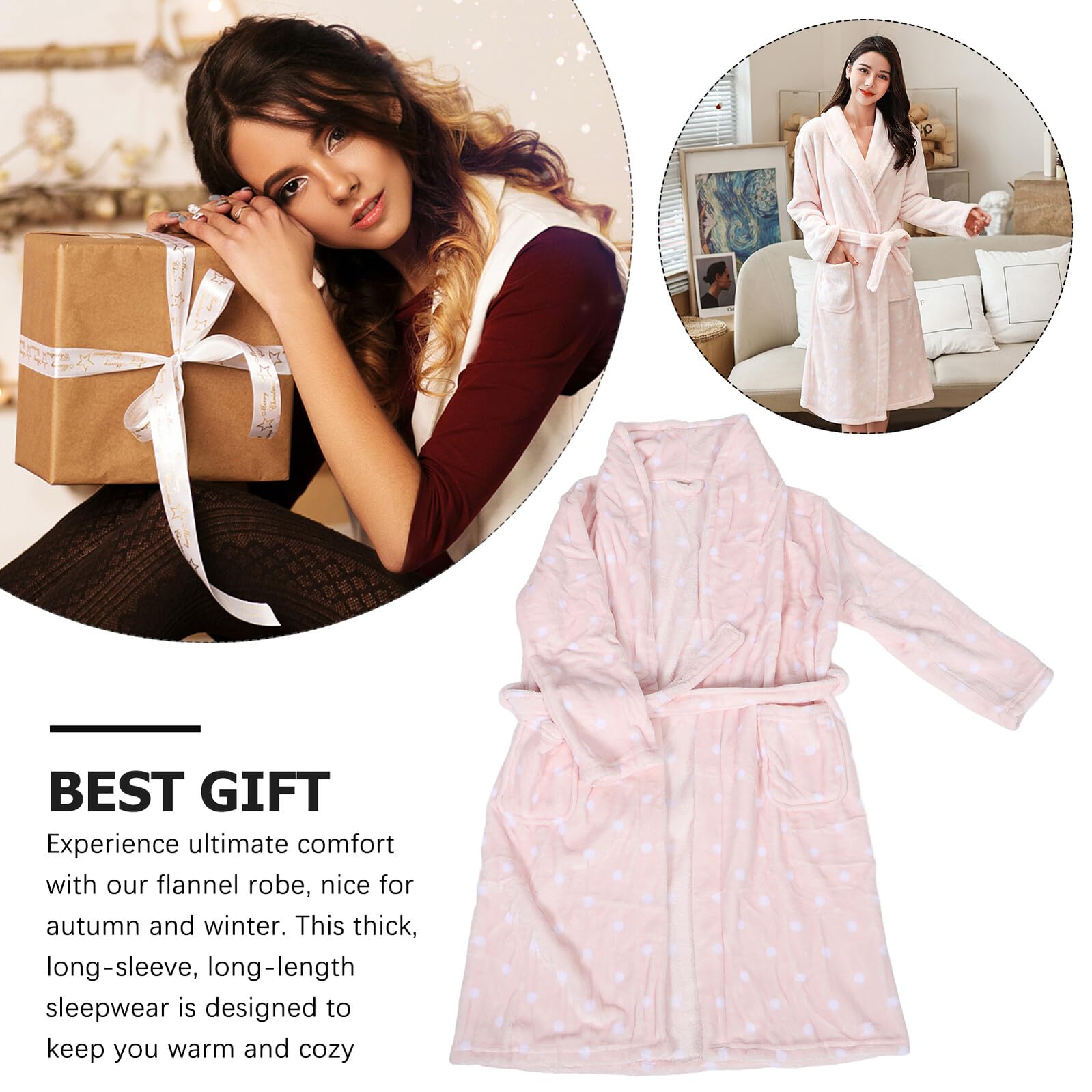 KOMBIUDA Albornoz de Franela para Mujer con Manga Larga Diseño y Puntos Adorables Cálido y Resistente para Después Ducha y Uso Otoño Invierno
