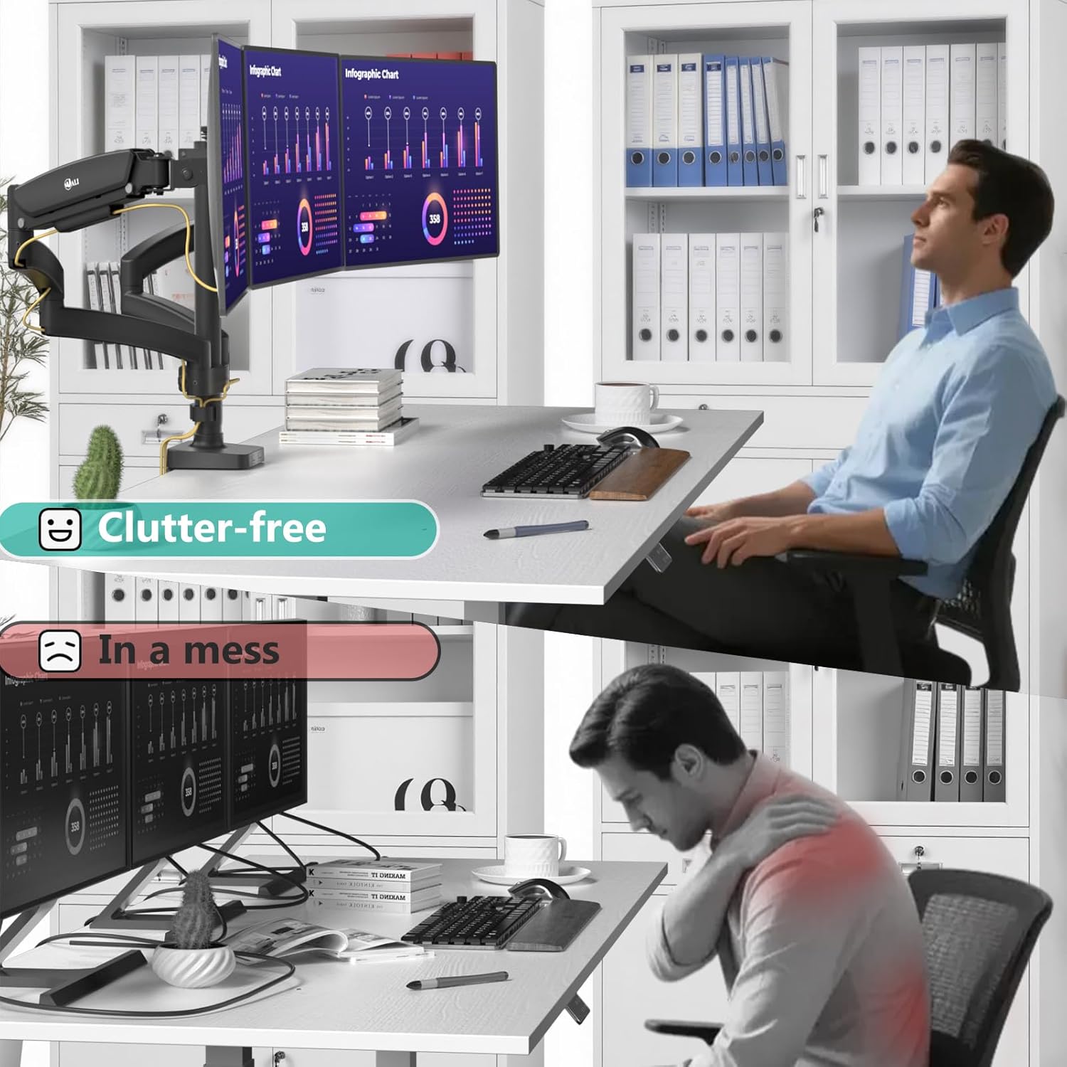 Close-up of the WALI monitor arm showing the gas spring adjustment screw for monitor weight, with instructions for increasing or decreasing tension.