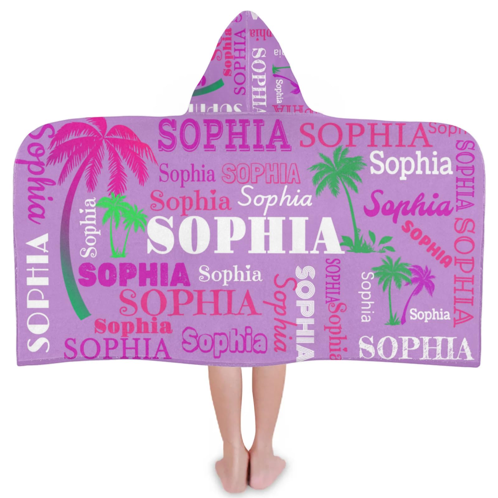 Personalized Hooded Beach Towels for Kids, Custom Beach Towels with Names, Customize with Your Name Tropical Palm Trees, Kids Bath Towel Hooded, Light Lavender Purple Background