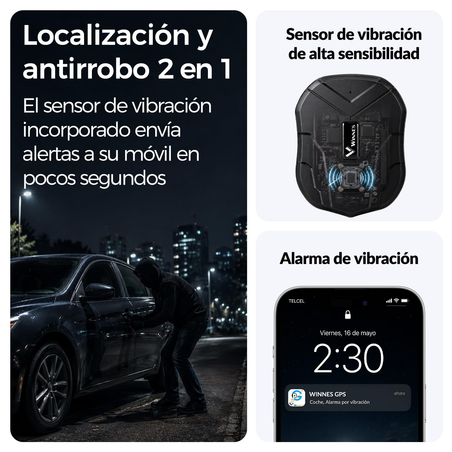 WINNES Localizador GPS para Coche con SIM, Rastreador GPS Sin Suscripción | Alerta Antirrobo Móvil, Seguimiento en Tiempo Real, Geovalla, Historial 180 Días, Batería 10000 mAh, Gestión de Flotas, IP65