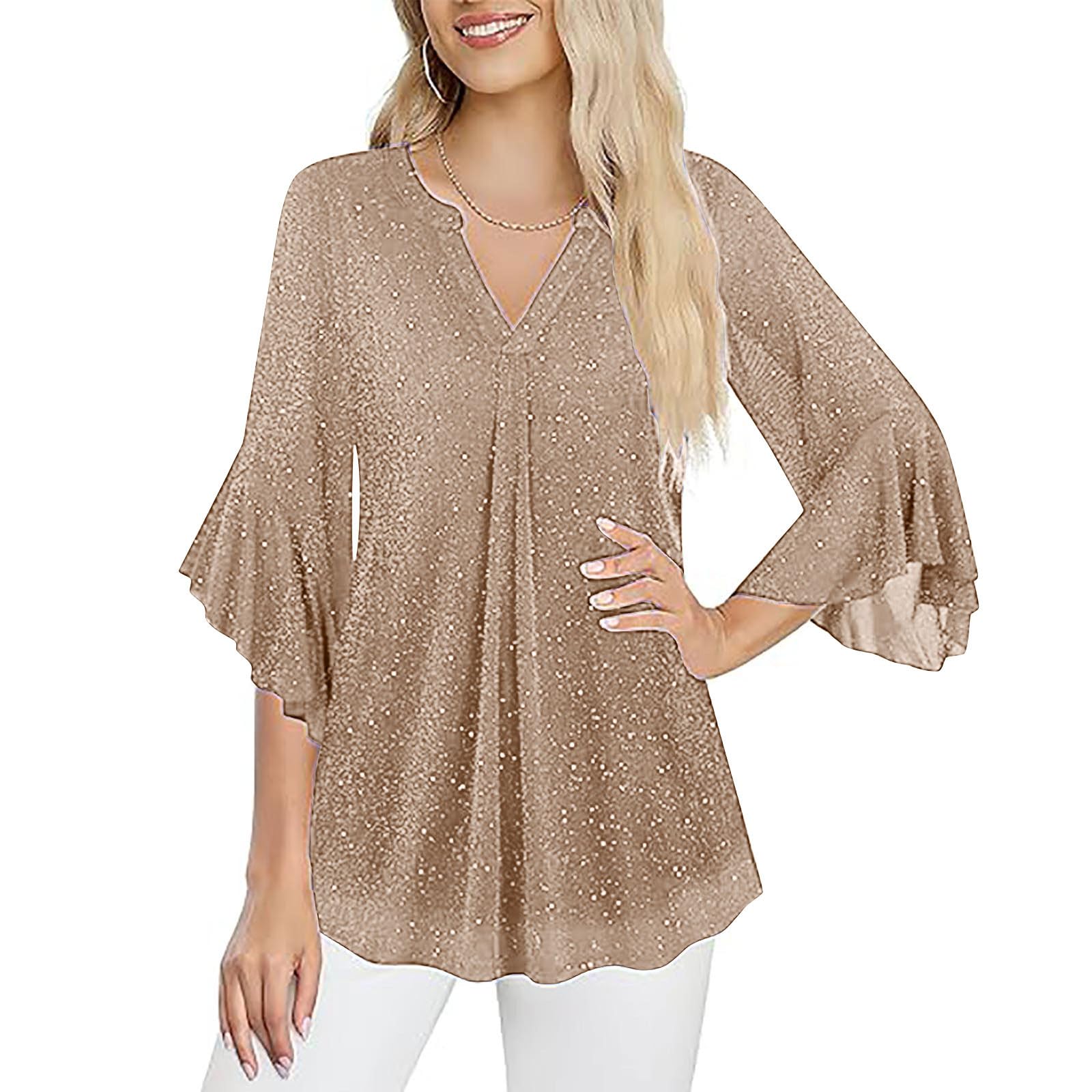 Blusa para mujer, manga 3/4, elegante, estampado dorado, túnica brillante, cuello en V, blusa festiva, monocolor, blusa para mujer, brillante, atuendo de fiesta