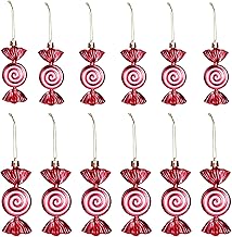 Pack of 12 Christmas Tree Decorations Candy Pendants, Christmas Tree Baubles Glitter Sweets for Christmas Tree, Christmas Tree Decorations, Red & White Christmas Baubles (6 Large + 6 Small)