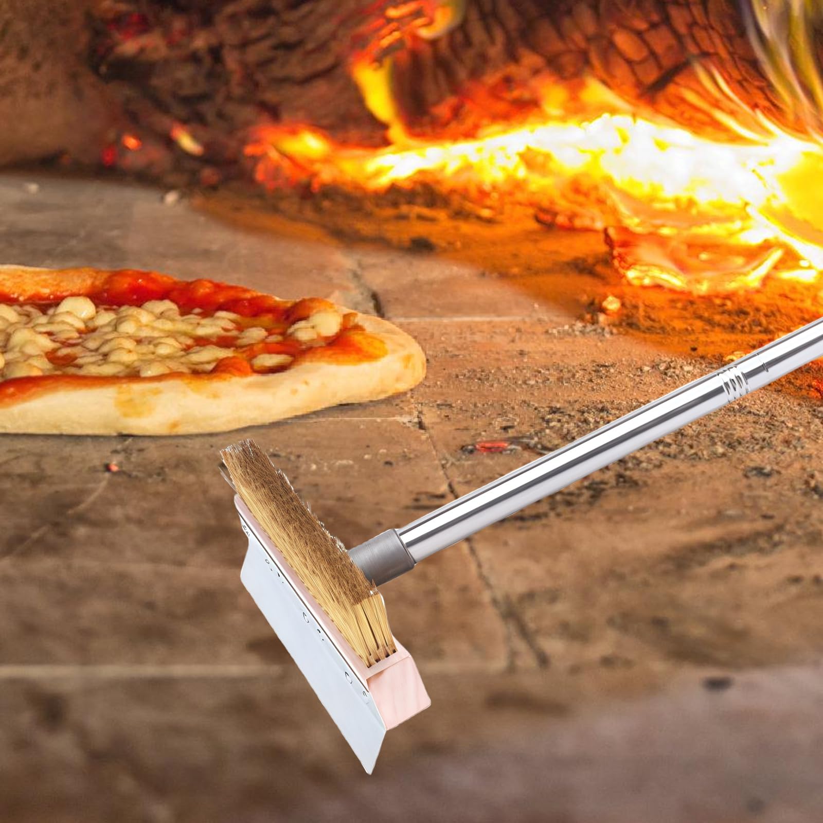 Spazzola per forno da pizza con raschietto in acciaio, spazzola per griglia in ottone da 120 cm, manico lungo in alluminio rimovibile, raschietto per forno da pizza con spazzola in ottone, spazzola
