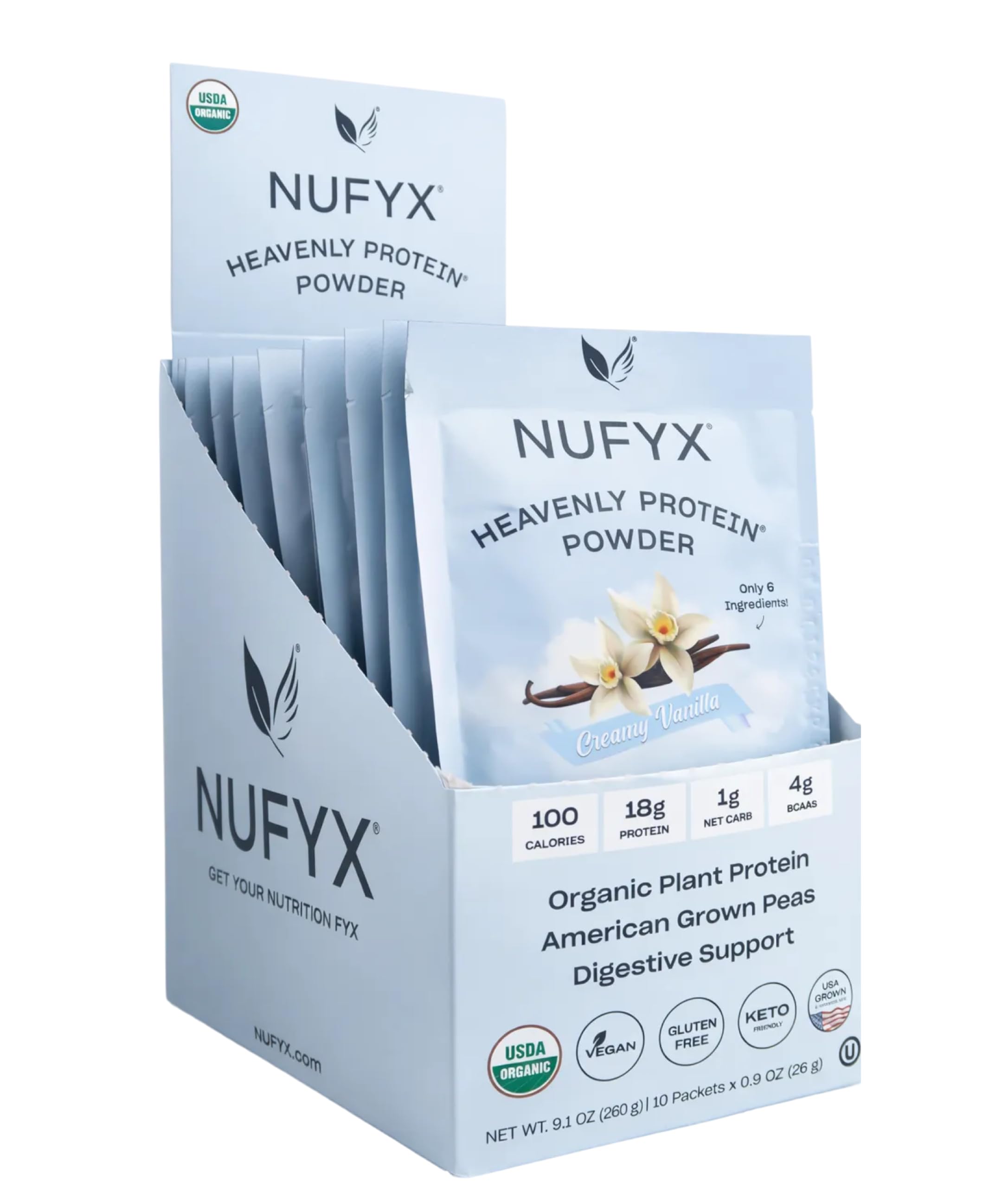 NUFYX® Family Owned Protein Powder, Organic Plant-Based, Made with 100% USA Grown Peas, 18g Protein for 100 Calories, Only 6 Ingredients, Digestive Support (Creamy Vanilla, Packet) — Amazon image 8