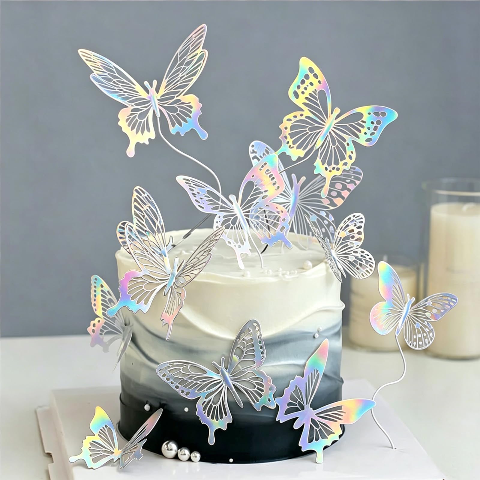 Photo 1 of 12 PCS 3D Butterfly Cake Toppers, Silver Hollow-Out Butterfly Cupcake Toppers, Elegant Butterfly Cake Decorations for Birthday Wedding Party Supplies, Cake Topper Picks for Dessert Table Decor
