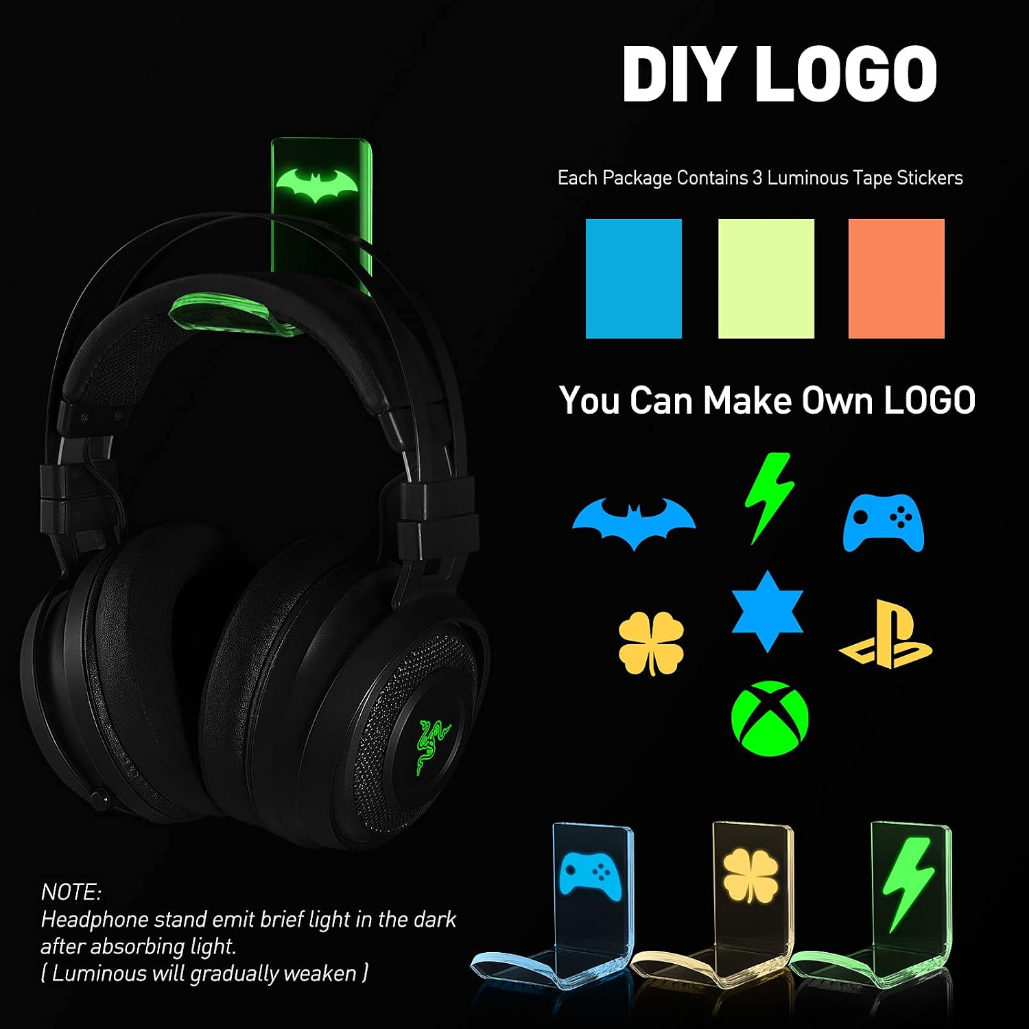 OAPRIRE Adhesive Headphone Stand 2 Pack for Wall & Desk with 3 Luminous Tape Stickers - Universal Gaming Headphone Holder Hanger with Cable Clip - Save Desktop Space, Floating Effect (Clear)