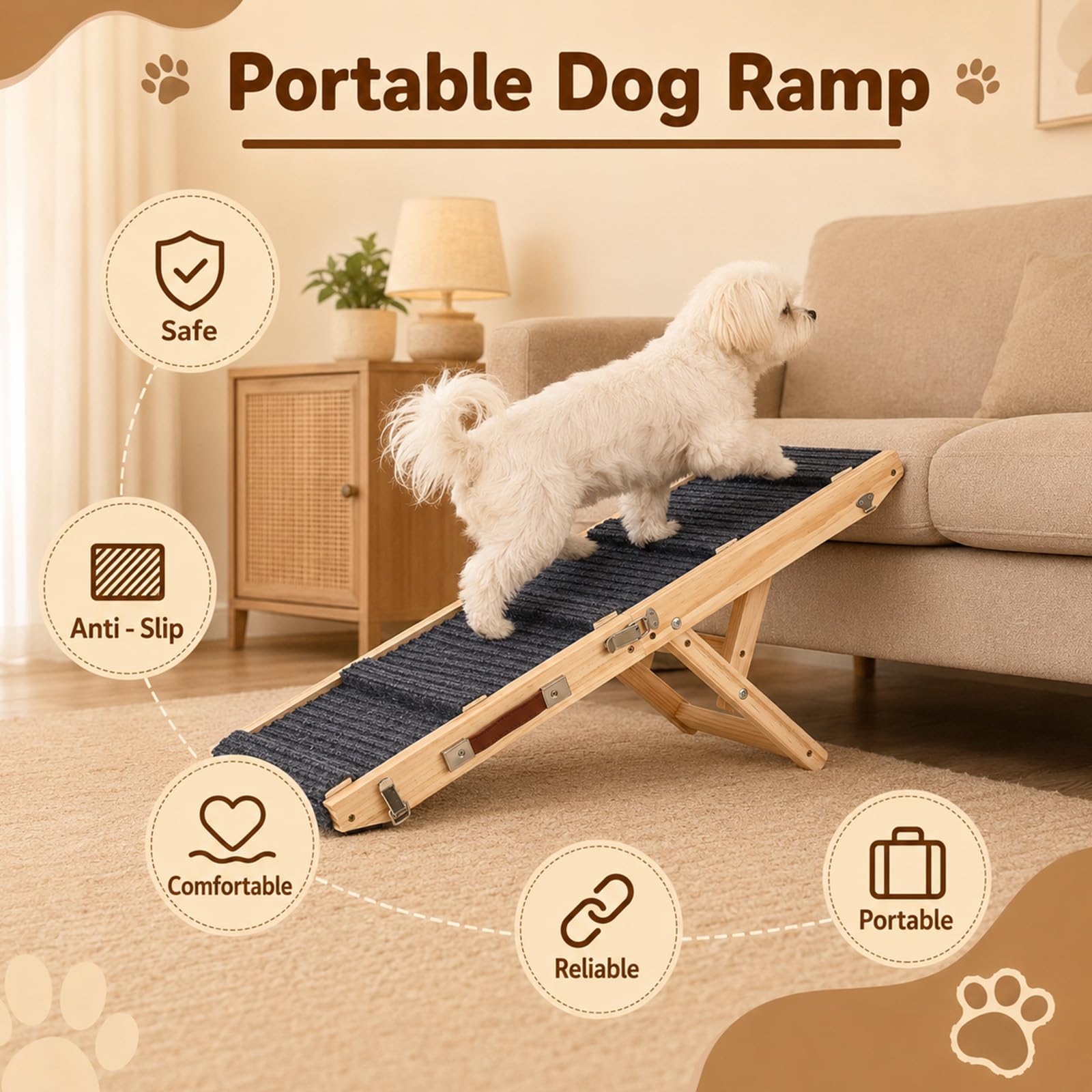 Rampe Chien en Bois, 84cm Rampe Pliable pour Chien avec 4 Hauteurs Réglable | Escalier portable lits avec revêtement antidérapant Rampe animaux pour chiens petite à moyenne taille jusqu'à 50kg