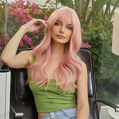 Miniatura 3 de VKheroKV WL-01 Peluca ondulada rosa de larga duración, sintética, resistente al calor, pelucas rizadas naturales, color elegante, para fiestas, uso