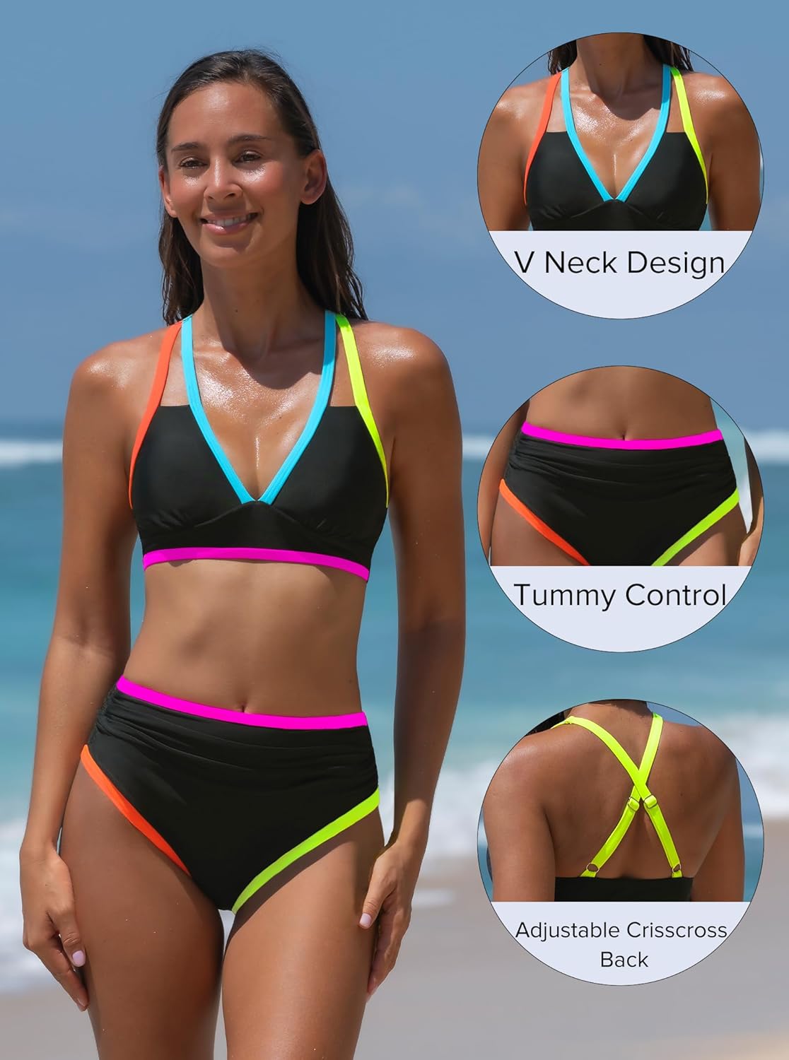 popvil High Waisted Bikini Sets: Neon Swimsuit for Women Tummy Control Push Up Two Piece Bathing Suits - Image 7