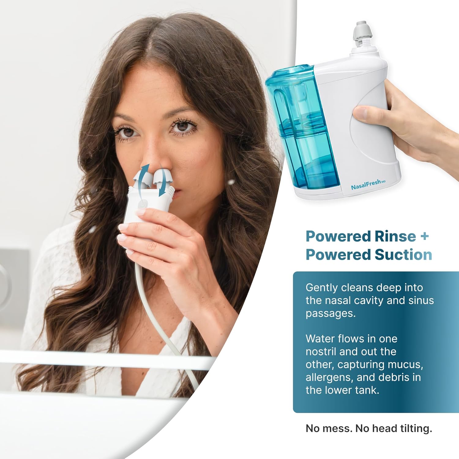 NASALFRESH MD Premium Bundle–Dual Powered Nasal Irrigation System Nasal Rinse and Wash, Sinus Decongestant Relief System, 60 Saline Packets, Case, Rechargeable, 2 Sets of Nose Pillows–Snoring Remedy