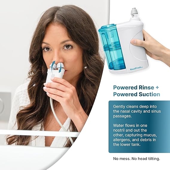 NASALFRESH MD Premium BundleDual Powered Nasal Irrigation System Nasal Rinse and Wash, Sinus Decongestant Relief System, 60 Saline Packets, Case, Rechargeable, 2 Sets of Nose PillowsSnoring Remedy