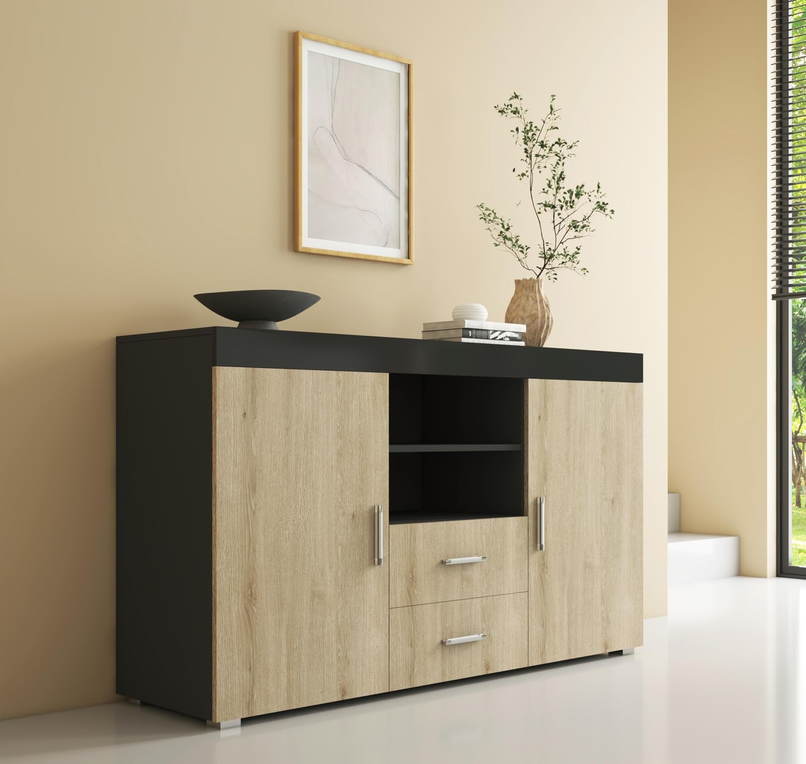 MB Muebles Bonitos | Buffet Roque pour Salon et Salle à Manger Moderne | Meuble TV en Mélamine | Couleur Noir Brillant et Sonoma Mat | 140x80x40 cm