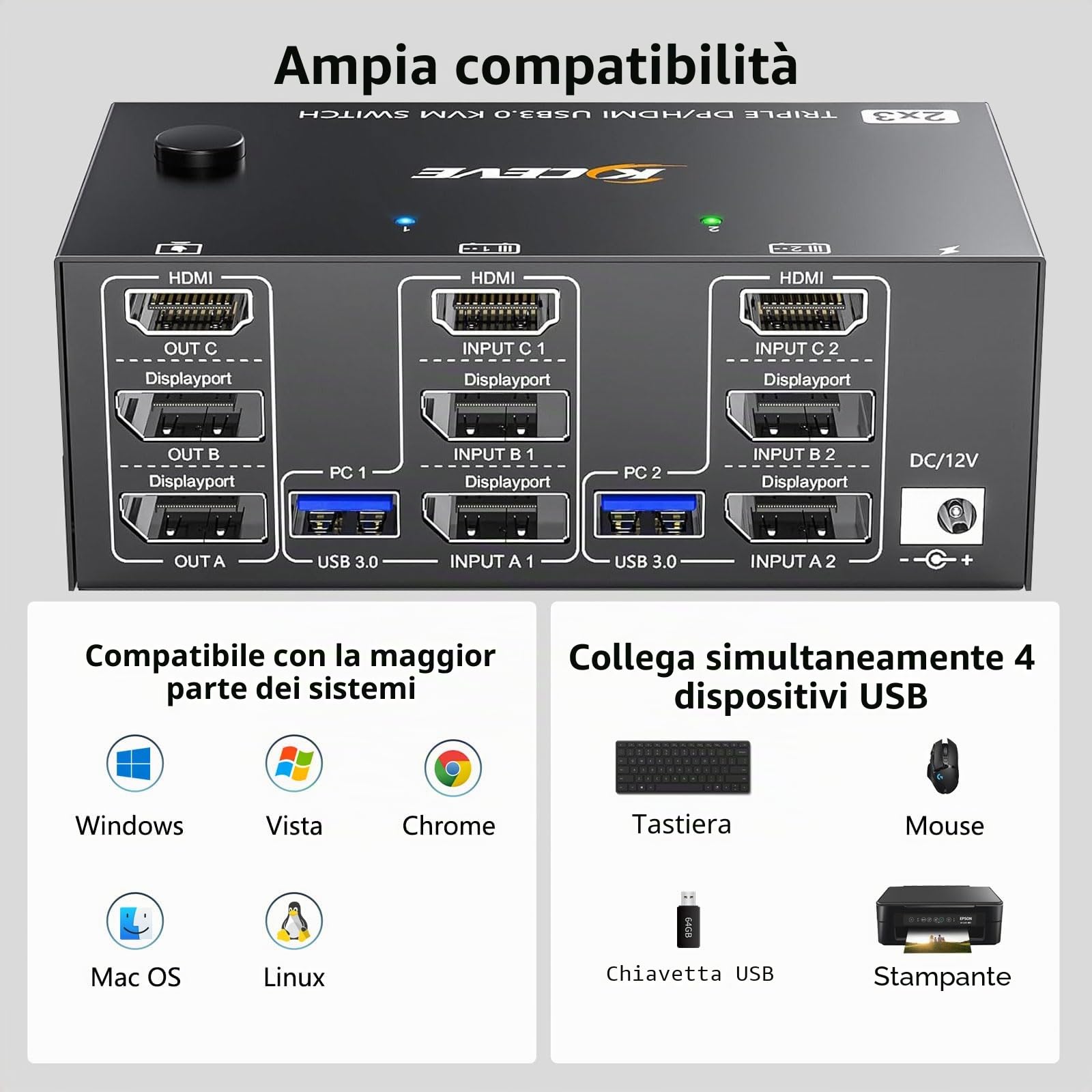 KVM Switch 2 PC 3 Monitor 8K@60Hz / 4K@144Hz, Displayport 1.4 HDMI 2.1 USB 3.0 KVM Switch Triplo Monitor per 2 PC Condividi Mouse e Tastiera, Wired Remote(8K HD DP 2 in 3 out)