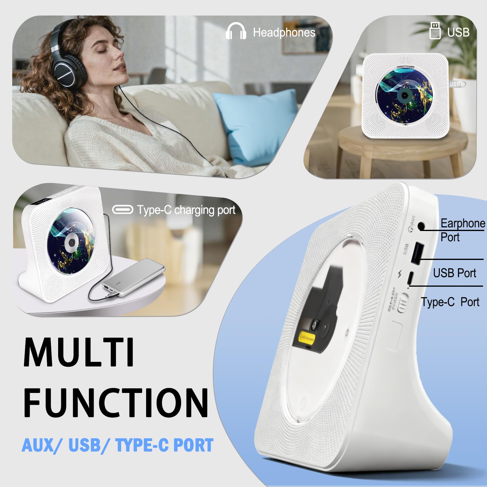 Lecteur CD Bluetooth Portable avec Radio FM, Haut-Parleurs Double, USB/AUX, Télécommande