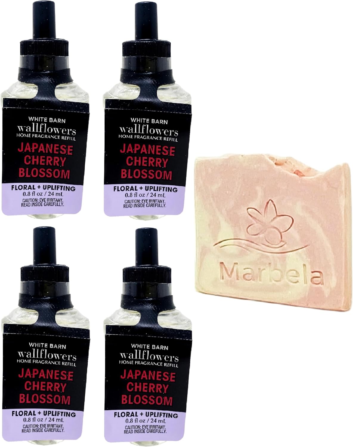 Bath & Body Works Japanese Cherry Blossom 4 Pack Wallflowers Home Fragrance Refill Bundle with a Himalayan Salts Springs Sample Soap