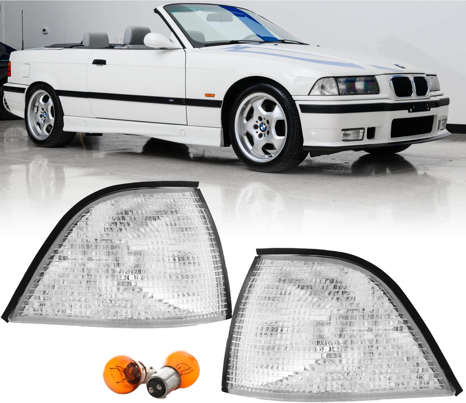 DEPO E36 2D Cornering Lights - Euro Corner Turn Signal Lamps Set (Left + Right) Compatible with 1992-1999 BMW E36 2 Doors Coupe and Convertible including M3 (Clear Lens with 2 Amber Bulbs)