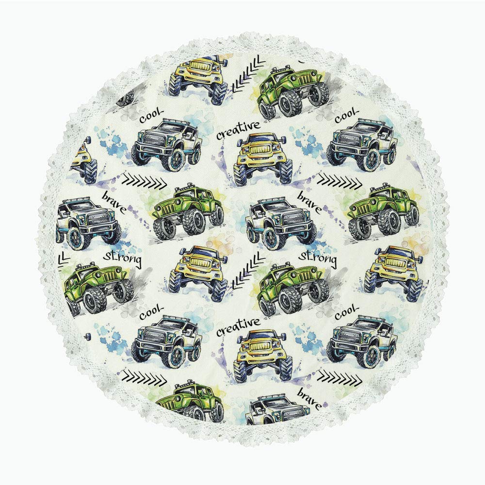 iPrint 90" Round Polyester Linen Tablecloth,Cars,Hand Drawn Watercolored Monster Trucks Enormous Wheels Off Road Lifestyle Decorative,Yellow Lavander Blue,for Dinner Kitchen Home Decor