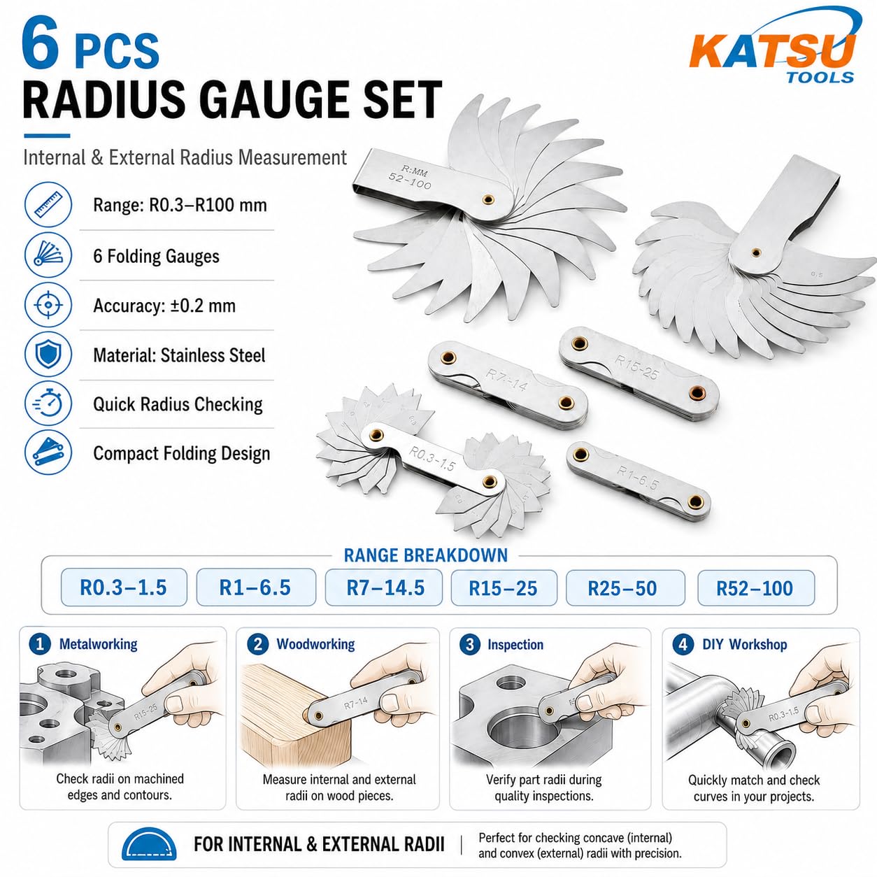 KATSU Radienlehre 6 Stück R0.3-1.5 / R1-6.5 / R7-14.5 / R15-25 / R25-50 / R52-100 Metall Radius Filetlehre Lehr Tragbares konkaves konvexes Messwerkzeug Ingenieure