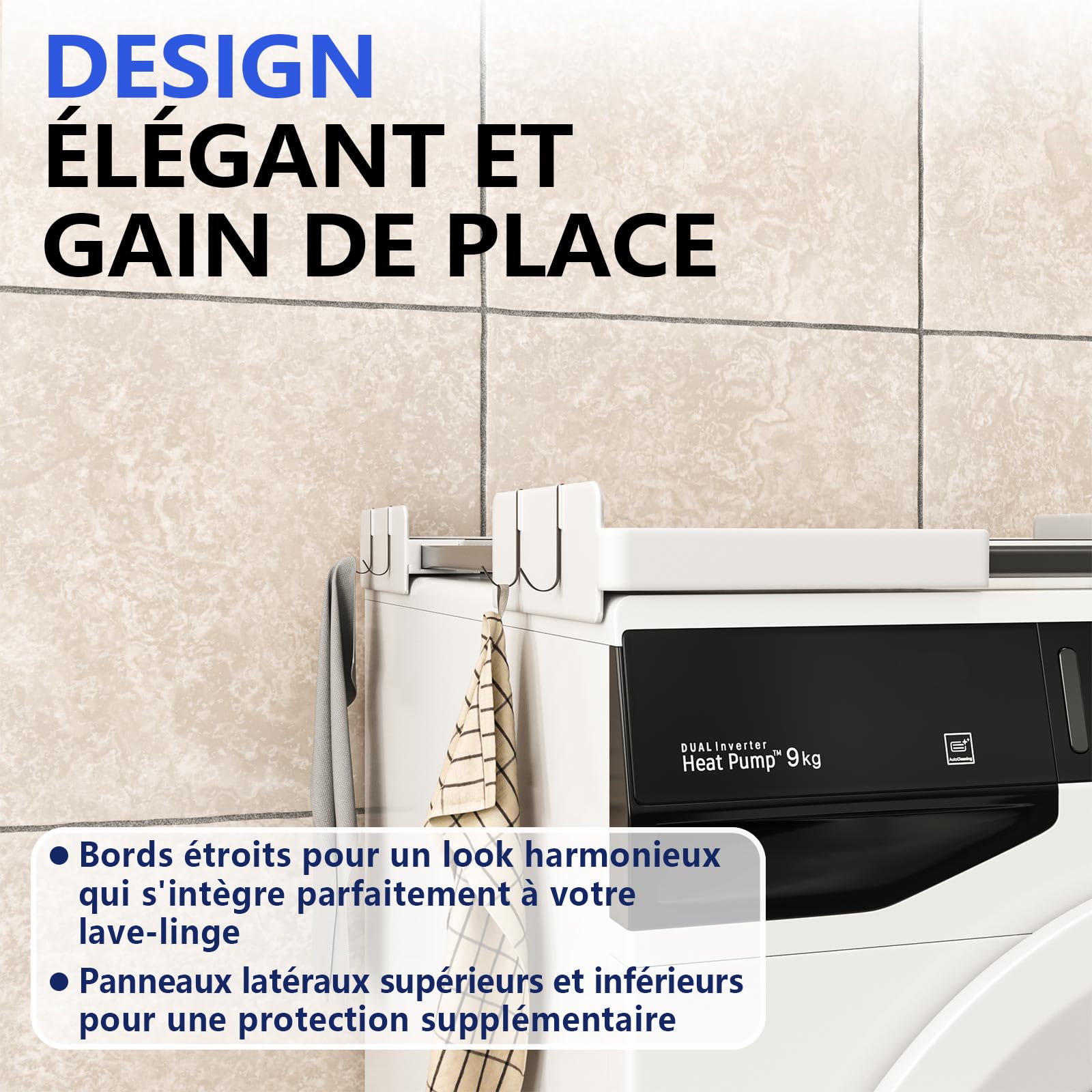 Slimline Kit d'empilage pour Lave-Linge et sèche-Linge, Cadre Universel Ultra Fin pour appareils de 45 à 68 cm, Design Peu encombrant avec Sangle à cliquet et 4 Crochets Multifonctions (Blanc)
