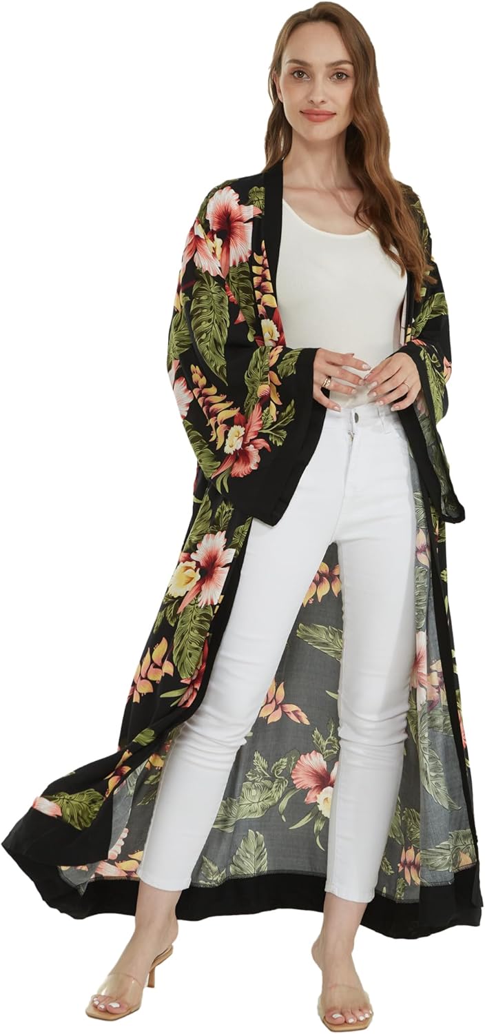 Matchable Couple Hawaiian Luau Shirt or Maxi Kimono in Rafelsia Black