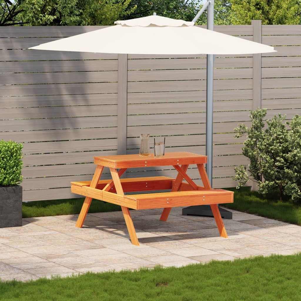 Tavolo da picnic in legno di pino massiccio, marrone cerato, 105 x 134 x 75 cm | Robusto piano del tavolo, design a doghe contro l'accumulo d'acqua, per giardino e terrazza, massimo 110 kg per seduta