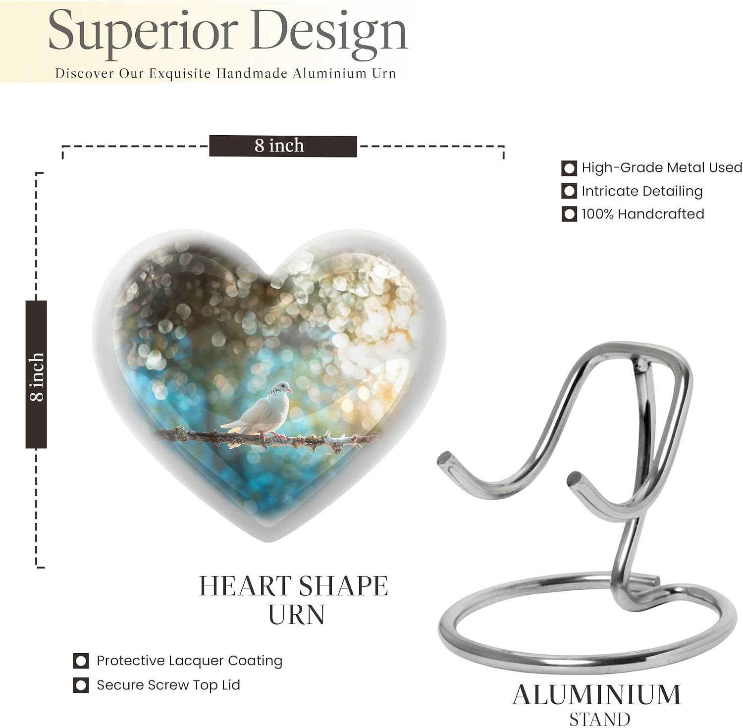 White Dove On Tree - Urn Heart, 10 Inch Urn - Blue Urns for Human Ashes - Cremation Urn Human Ashes - Urn for Human Ashes Adult Male & Female - Urn for Ashes for Women - Large Urns for Ashes