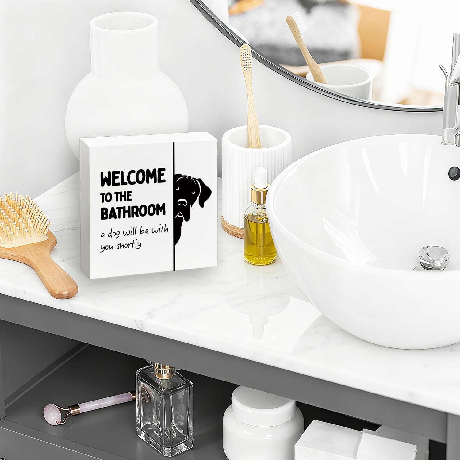 Funny Black Labrador Bathroom Wooden Box Sign, Black Lab Gifts, Welcome to the Bathroom a Dog Will Be with Wood Block Sign Decorations for Toilet Guest Bath Shelf Table Decor, 5x5 Inch - Image 4